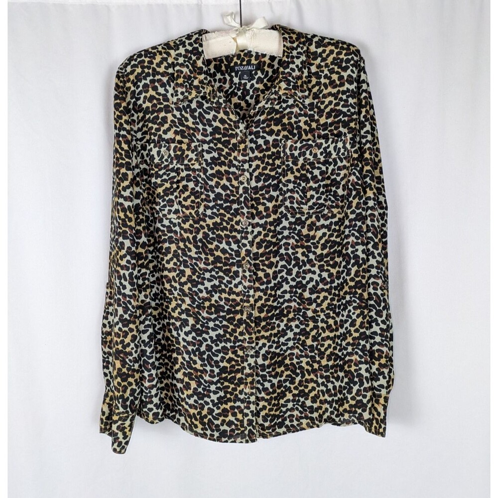 Roz & Ali Women's Leopard Animal Print Roll Tab Sleeve Button Down Blouse XL